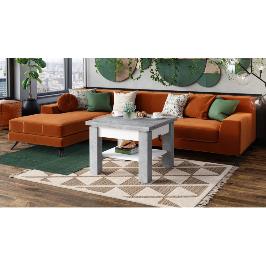 Förlängningsbart soffbord/matbord med lyftbar bordsskiva CALEB grå betong/vit