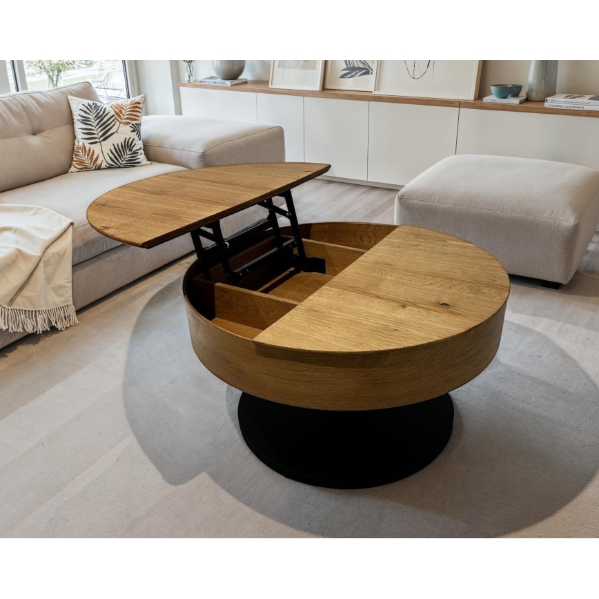 Förlängningsbart soffbord med lyftbar bordsskiva PURE Ø 80 cm ek/svart