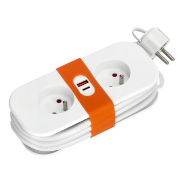 Förlängningskabel 2-vägs + 2xUSB 1,4 m vit