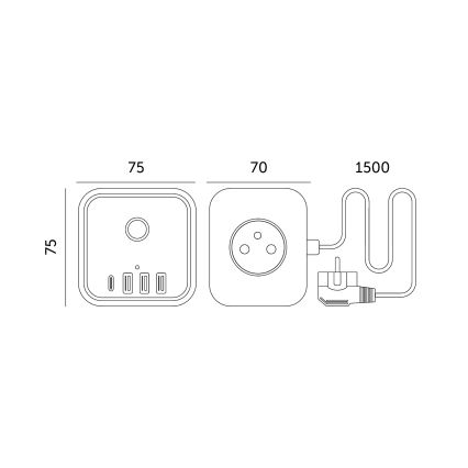 Förlängningskabel kub med strömbrytare LINEA 3x230V + 4xUSB A/C svart