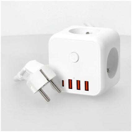 Förlängningskabel kub med strömbrytare LINEA 3x230V + 4xUSB A/C vit