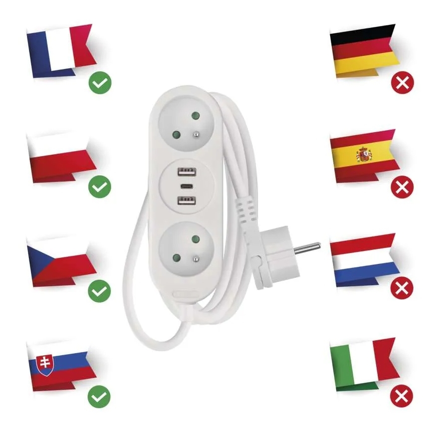 Förlängningskabel med 2 uttag + 2× USB-A + USB-C, 1,4 m