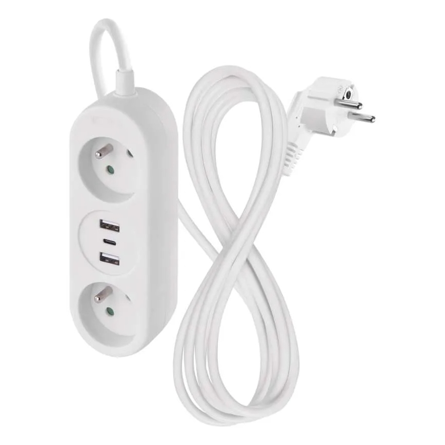 Förlängningskabel med 2 uttag + 2× USB-A + USB-C, 1,4 m