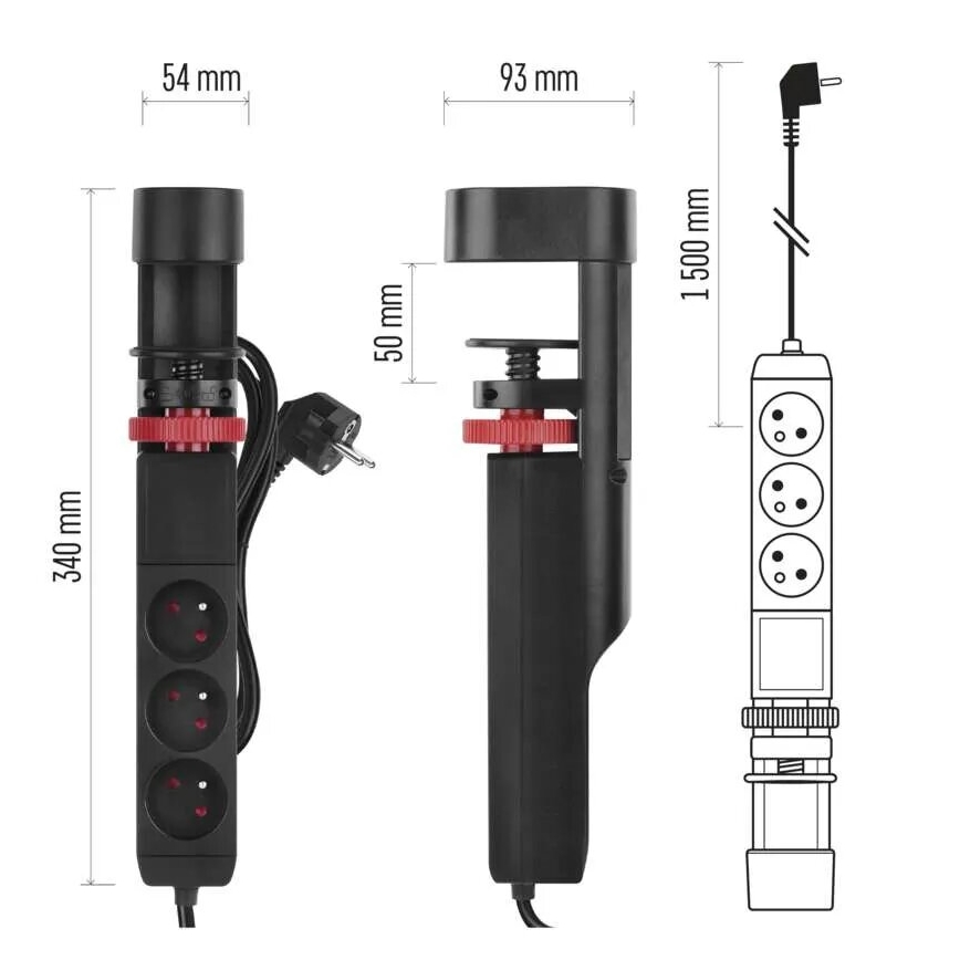 Förlängningskabel med attachment to bord 3Z + 3xUSB 1,5m svart