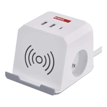 Förlängningskabel med förgreningsdosa och trådlös QI-laddning 2Z + 2xUSB-A + 1xUSB-C 2m vit