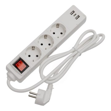 Förlängningskabel med strömbrytare, 3 uttag + 2× USB‑A + 1× USB‑C, 1,5 m, SCHUKO, vit