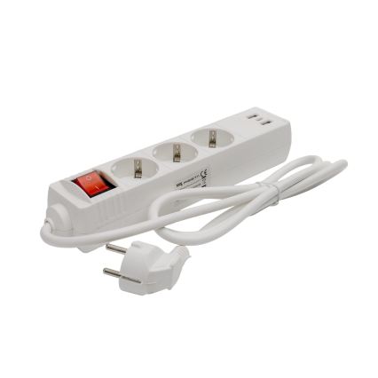 Förlängningskabel med strömbrytare, 3 uttag + 2× USB‑A + 1× USB‑C, 1,5 m, SCHUKO, vit