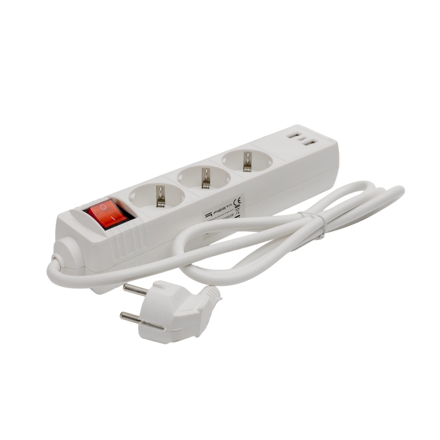Förlängningskabel med strömbrytare, 3 uttag + 2× USB‑A + 1× USB‑C, 1,5 m, SCHUKO, vit