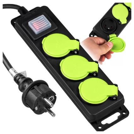 Förlängningskabel med strömbrytare, 3 uttag, 3 m, IP44