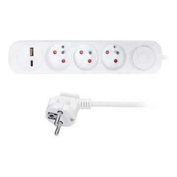 Förlängningskabel med strömbrytare, 3 uttag och USB A- och C-portar för laddning, 2 m