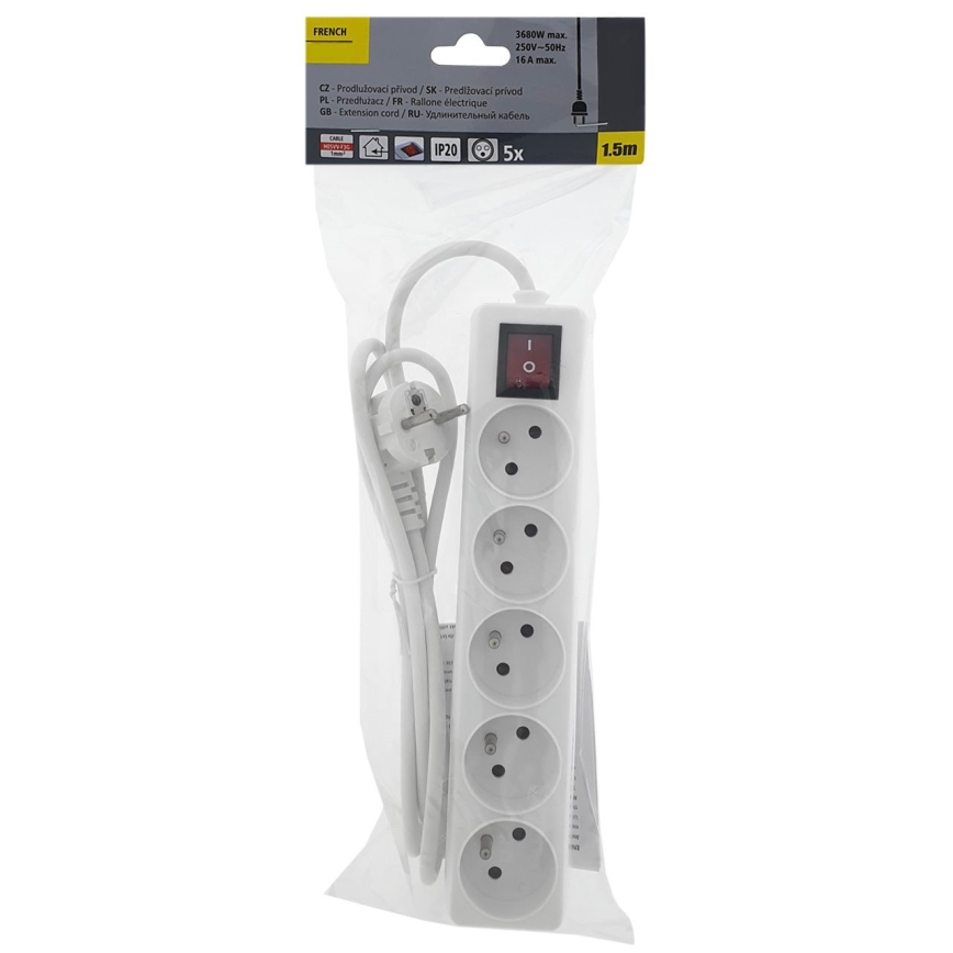 Förlängningskabel med strömbrytare 5-polig 1,5 m