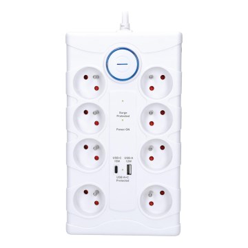 Förlängningskabel med strömbrytare och överspänningsskydd, 8 uttag Typ E + 1xUSB-A + 1xUSB-C, 2 m, vit