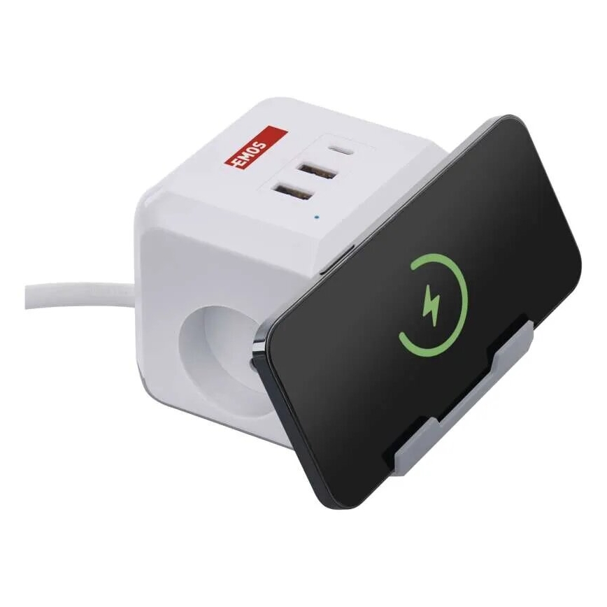 Förlängningskabel med förgreningsdosa och trådlös QI-laddning 2Z + 2xUSB-A + 1xUSB-C 2m vit