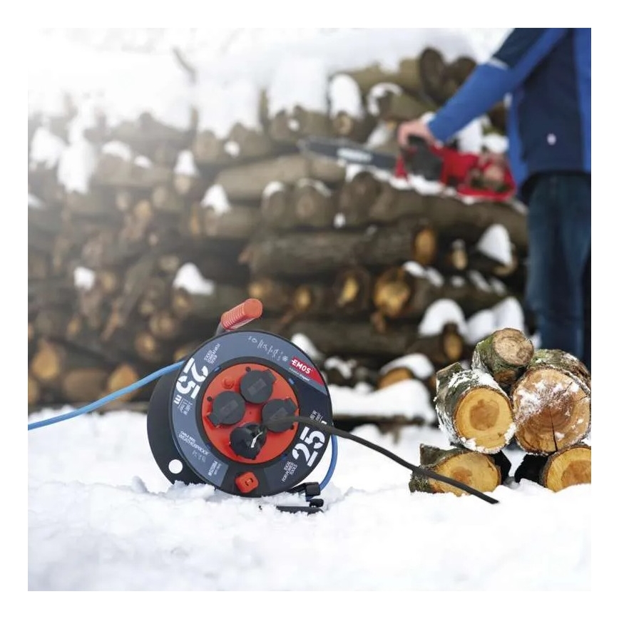 Förlängningskabel på trumma med 4 uttag 25m silikon IP44