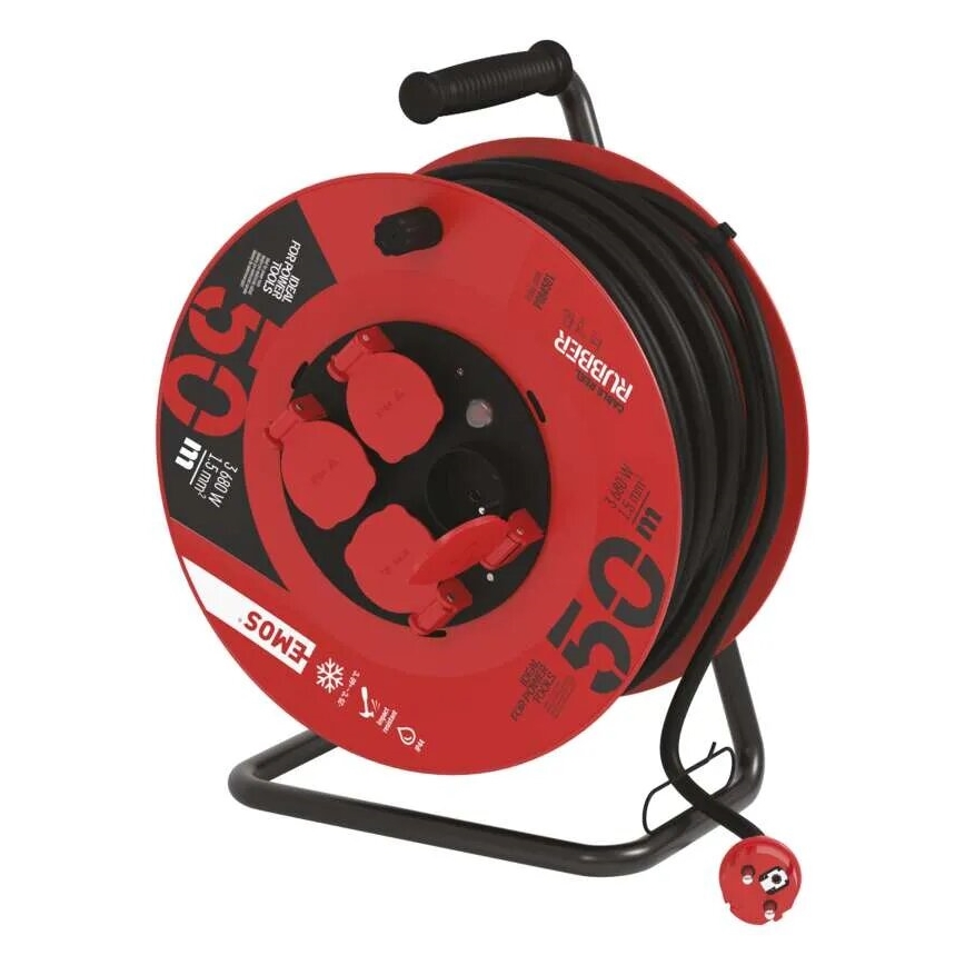 Förlängningskabel på trumma med 4 uttag 50m röd IP44