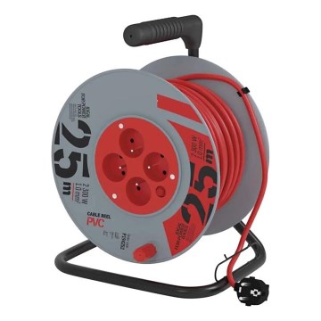 Förlängningskabelrulle med 4 uttag 25m grå/röd
