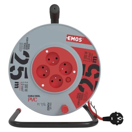 Förlängningskabelrulle med 4 uttag 25m grå/röd