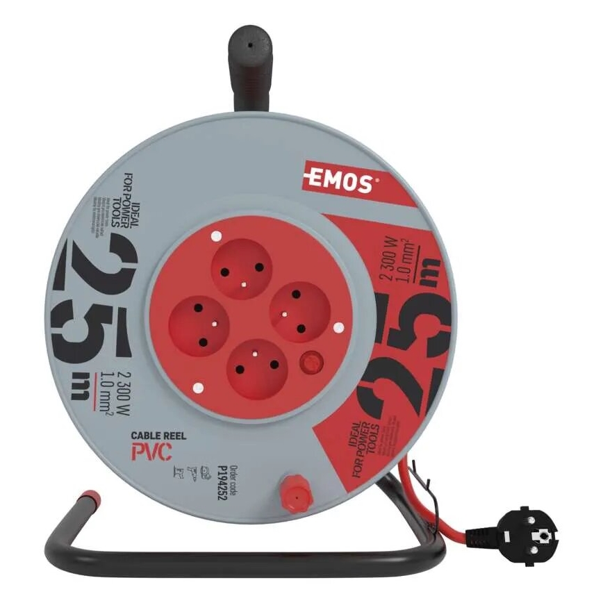 Förlängningskabelrulle med 4 uttag 25m grå/röd