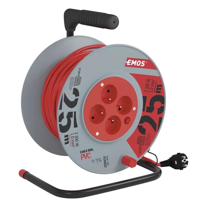 Förlängningskabelrulle med 4 uttag 25m grå/röd