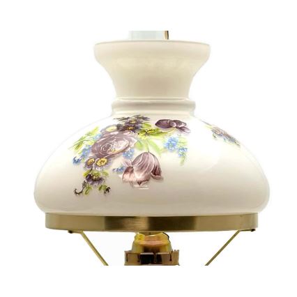 Fotogenlampa JASMÍNA 50 cm skogsgrön med en blommig lampskärm
