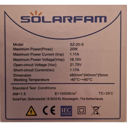 Fotovoltaisk solpanel 20W/12V