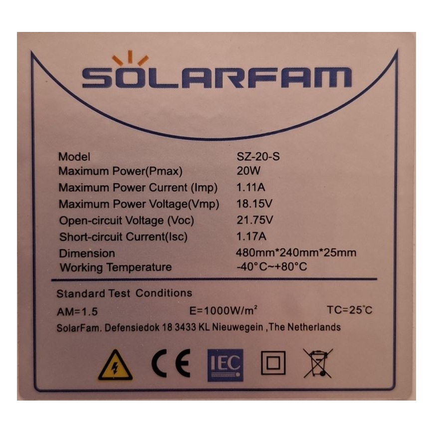 Fotovoltaisk solpanel 20W/12V