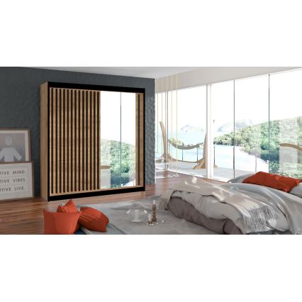 Garderob med spegel SANTINO 203x215 cm ek craft/svart