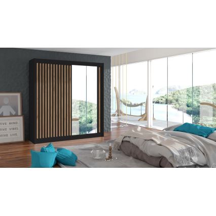 Garderob med spegel SANTINO 203x215 cm svart/ek craft