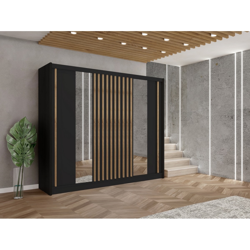 Garderob med spegel SANTINO 250 x 215 cm svart/ek craft