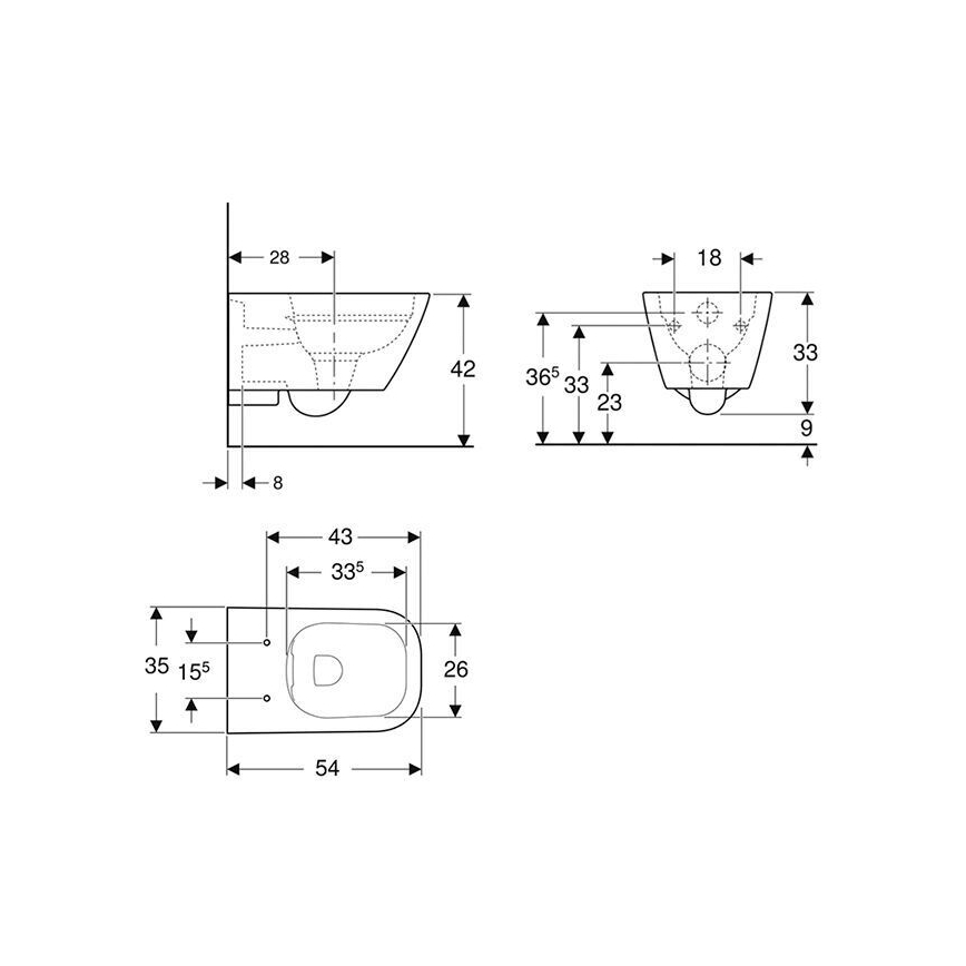 Geberit 500.208.01.1 - Vägghängt WC Rimfree Smyle Square, keramik/vit