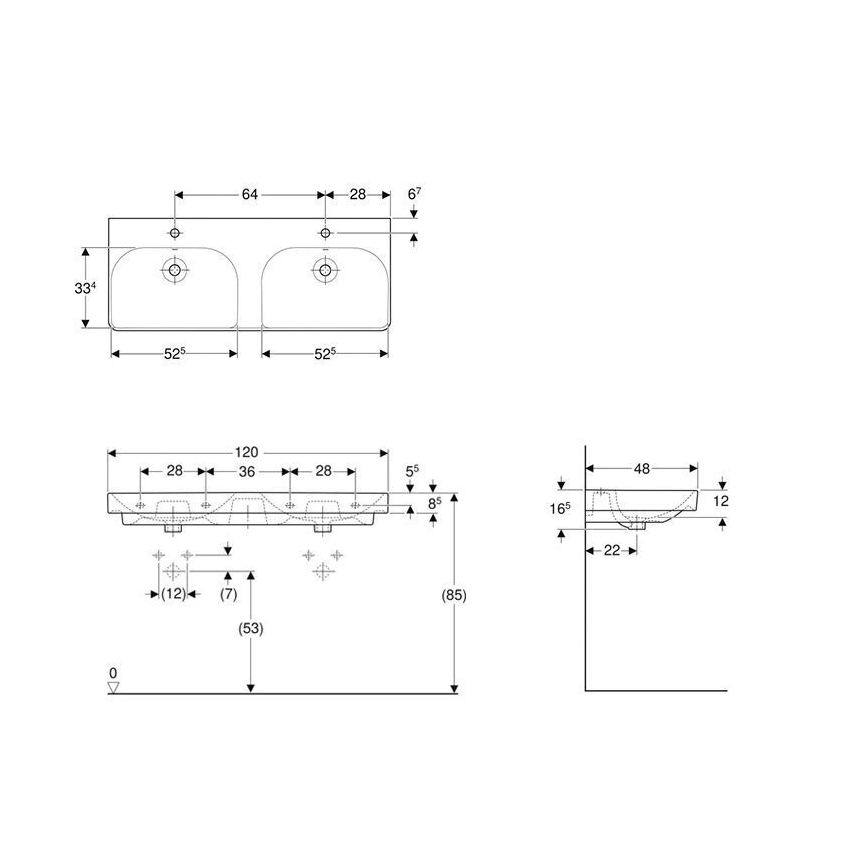 Geberit 500.223.01.1 - Väggmonterat dubbelhandfat Smyle Square 120x48 cm keramik/vit