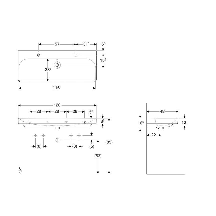 Geberit 500.253.01.1 - Väggmonterat dubbeltvättställ Smyle Square 120x48 cm keramik/vit