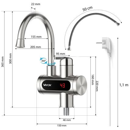 Genomströmningsvärmare med LED display 3000W/230V IPX4 rostfri