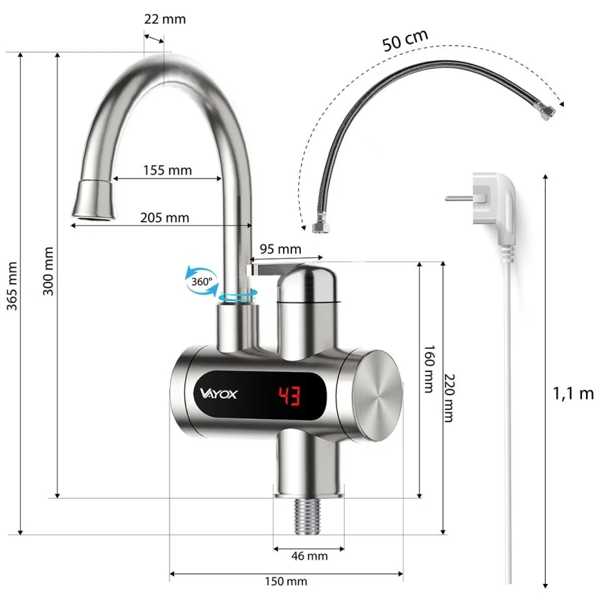 Genomströmningsvärmare med LED display 3000W/230V IPX4 rostfri