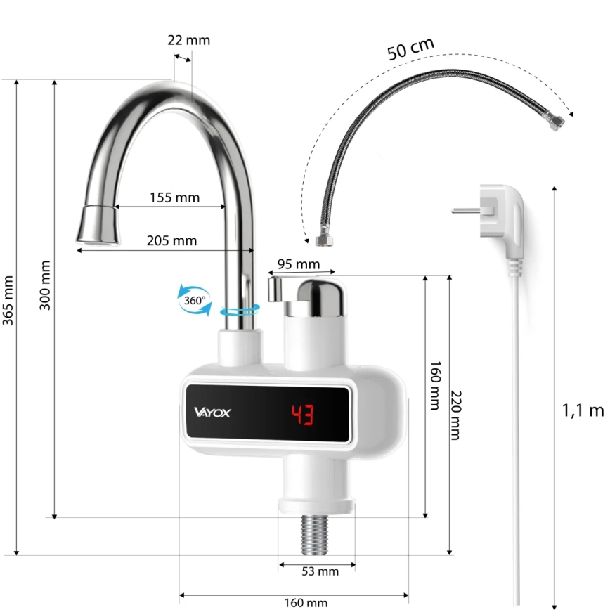 Genomströmningsvärmare med LED display 3000W/230V IPX4 vit