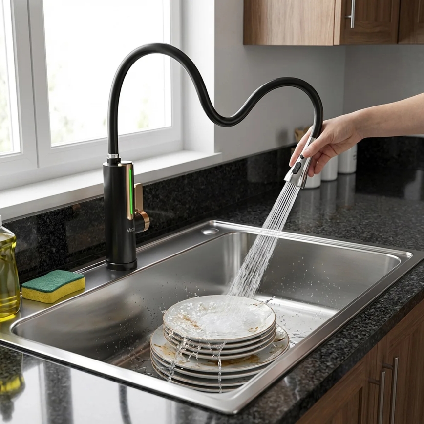 Genomströmningsvattenberedare med LED-display 3000W/230V IPX4, svart