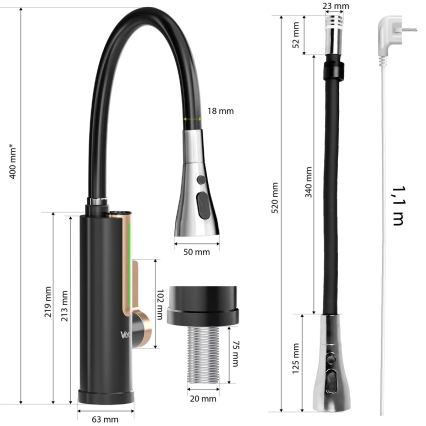 Genomströmningsvattenberedare med LED-display 3000W/230V IPX4, svart