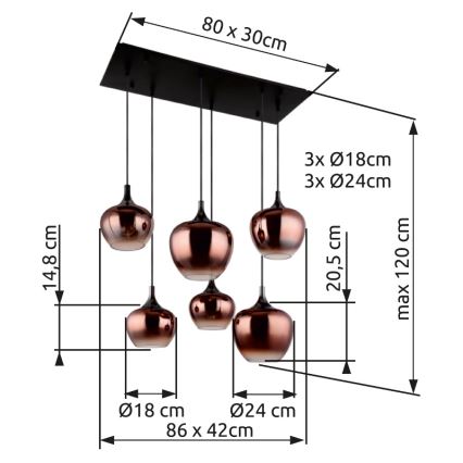 Globo - Pendellampa på kabel 6xE27/40W/230V koppar