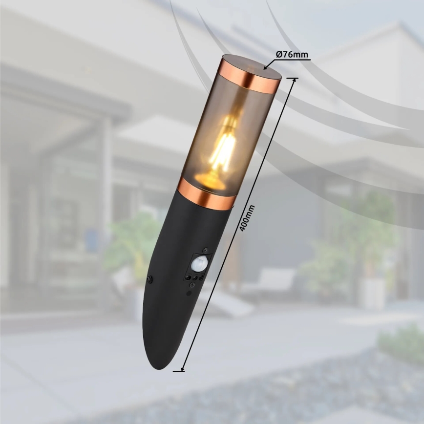 Globo - Utomhus vägglampa med sensor 1xE27/15W/230V IP44 svart/koppar