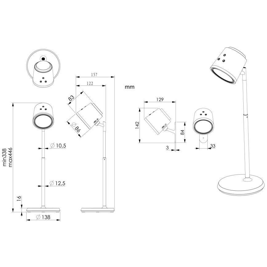 Globo - LED dimbar touchbordslampa 4-i-1 LED/6W/3,7V 3000K/4000K/6500K 1500 mAh USB svart