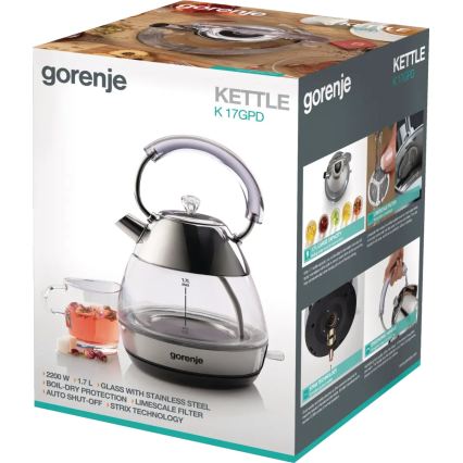 GORENJE K17GPD - Elektrisk vattenkokare 1,7 l 2200 W/230 V glas/rostfritt stål