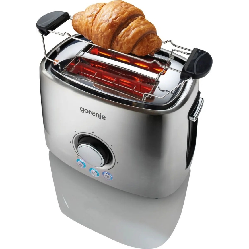 GORENJE T1000E - Brödrost för två skivor med brödvärmare, 1000 W/230 V, rostfritt stål