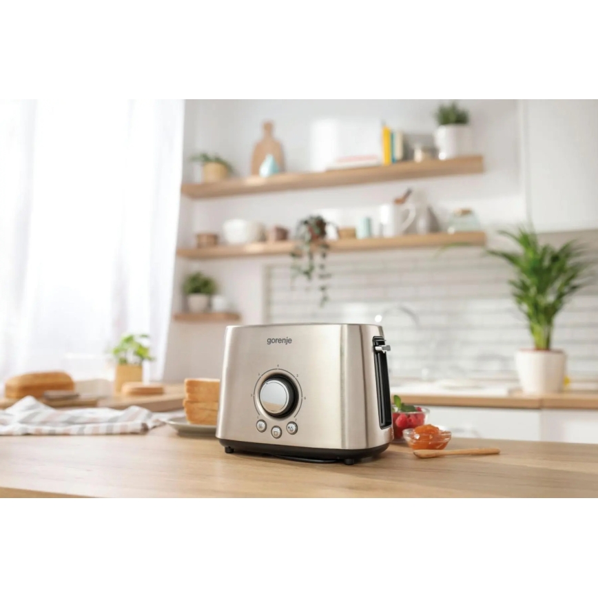 GORENJE T1000E - Brödrost för två skivor med brödvärmare, 1000 W/230 V, rostfritt stål