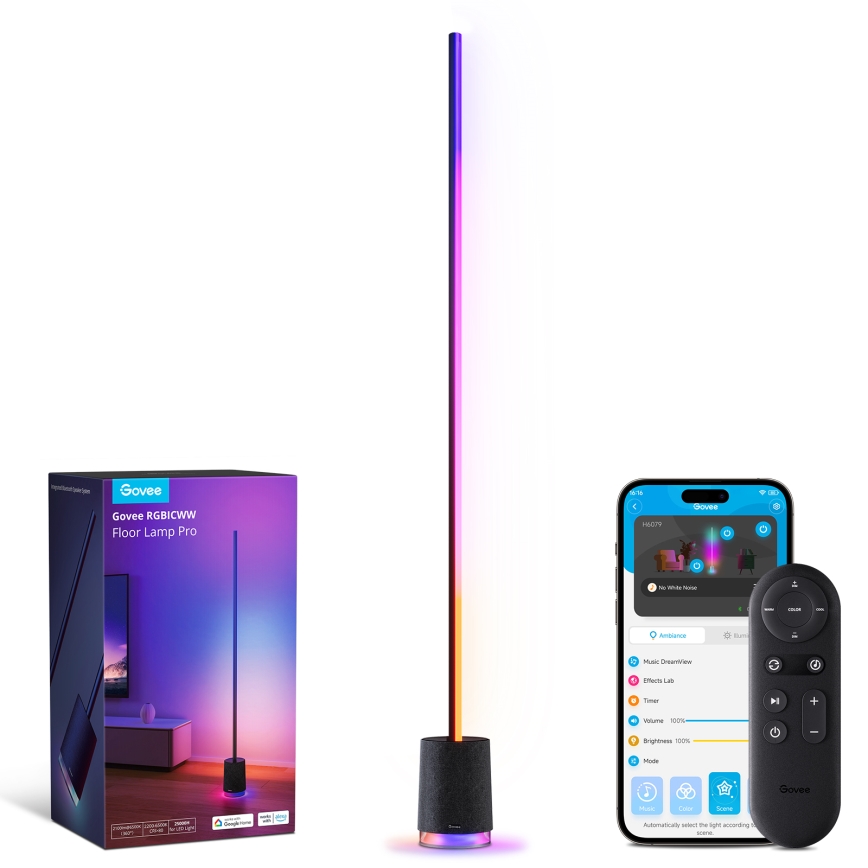 Govee - LED Dimbar golvlampa med en högtalare Pro RGBICWW 2200-6500K Wi-Fi + fjärrkontroll