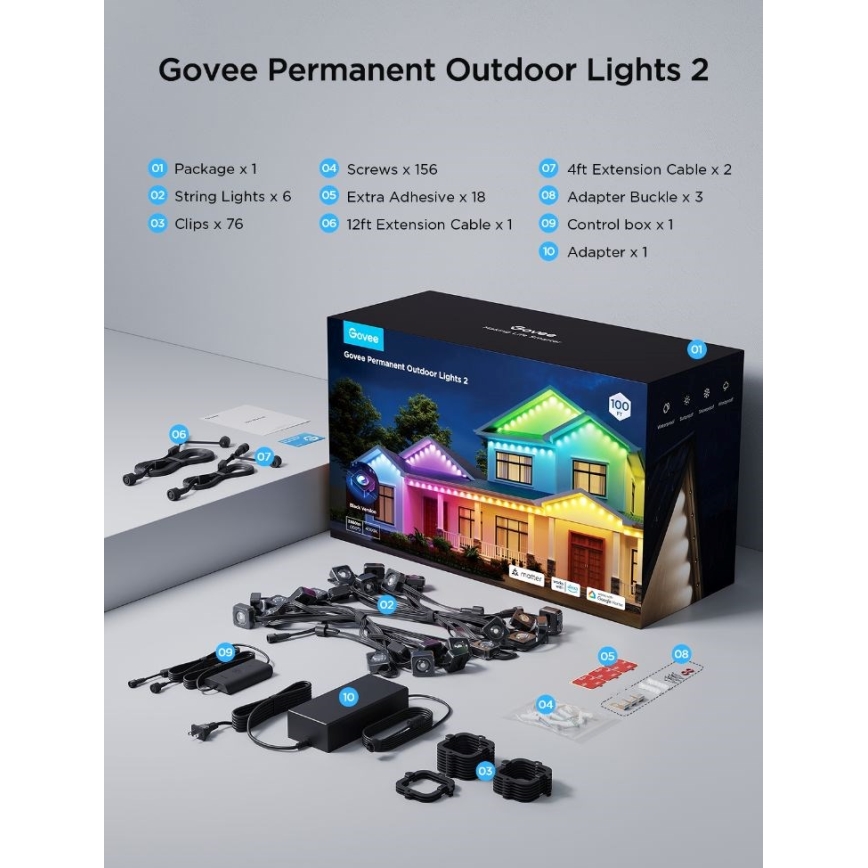Govee - LED RGBIC-slinga med downlights, 30 m, Wi‑Fi, Matter, IP67
