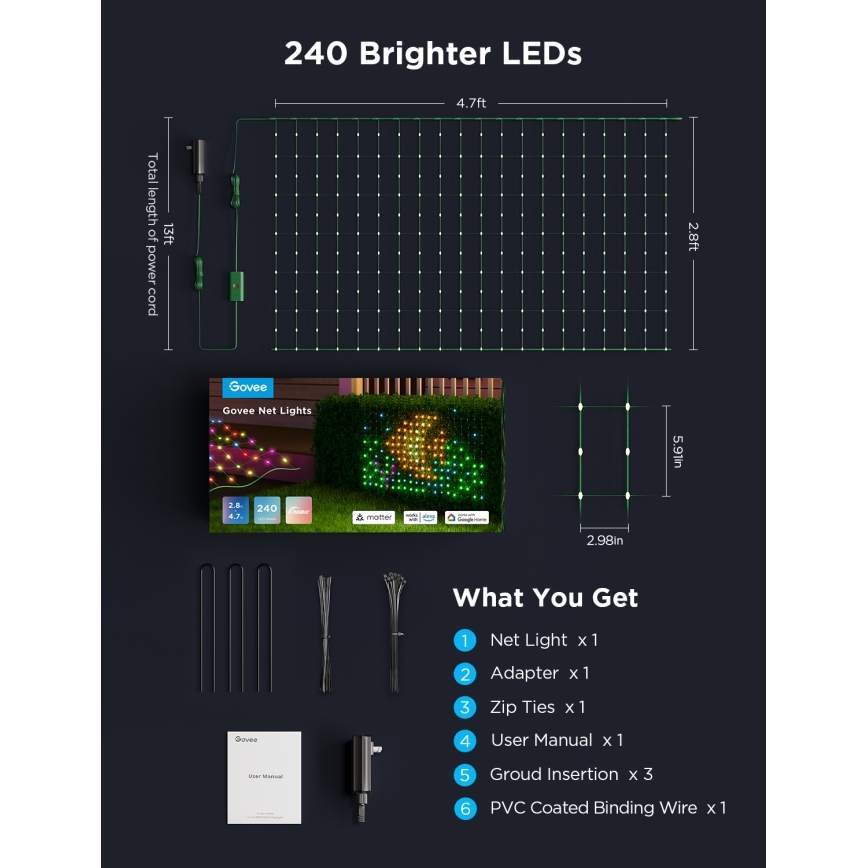 Govee - LED RGBIC Utomhusljusnät 143x85cm Wi-Fi Matter IP65
