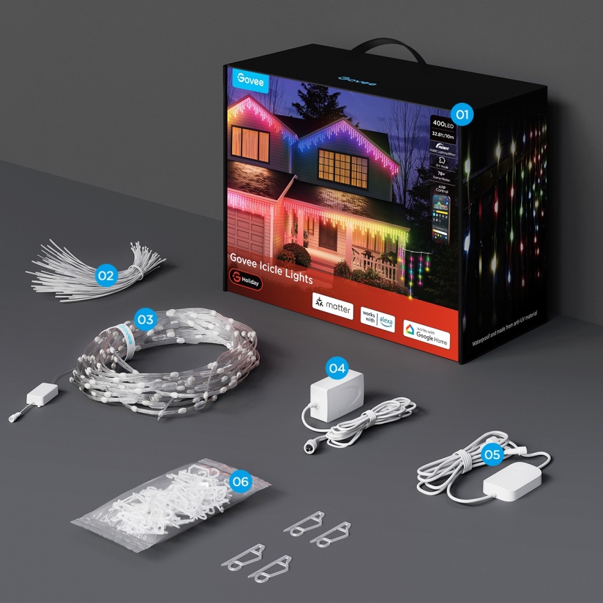 Govee - LED RGBIC Utomhusslinga med istappar 10m Wi-Fi Matter IP65