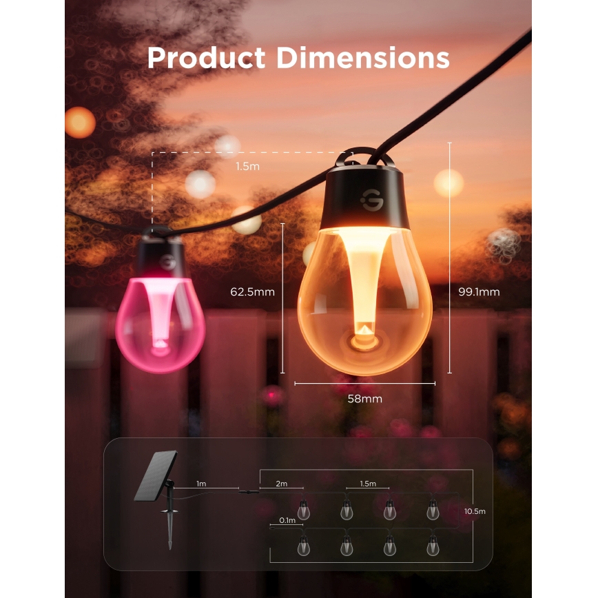Govee - LED RGBICW solcellsslinga 8xLED/6W/5V Wi-Fi Matter IP67