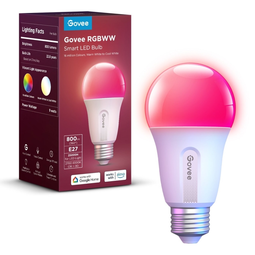 Govee - LED RGBWW Ljusreglerad glödlampa Smart E27/9W/230V 2700-6500K Wi-Fi