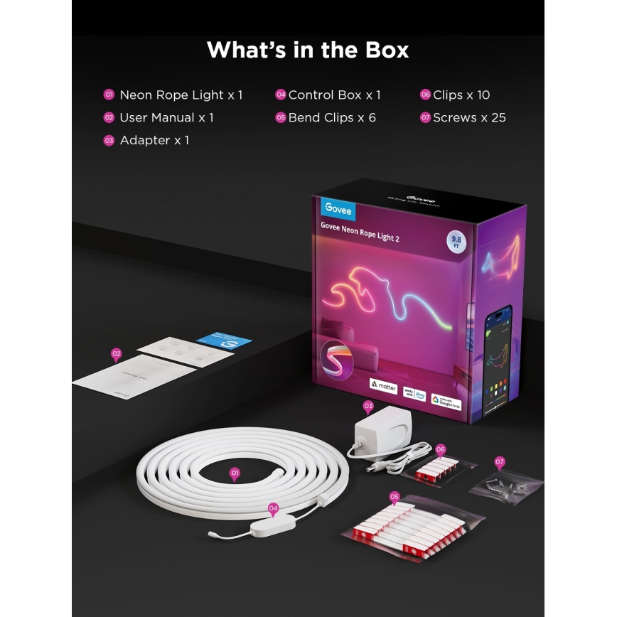 Govee - Neon 2 MATTER flexibel LED-remsa 3 m RGBIC Wi-Fi